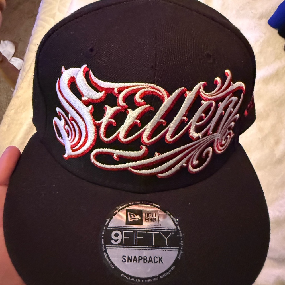 Sullen black and red SnapBack hat with roses and chains graphic on the brim - Picture 2 of 6